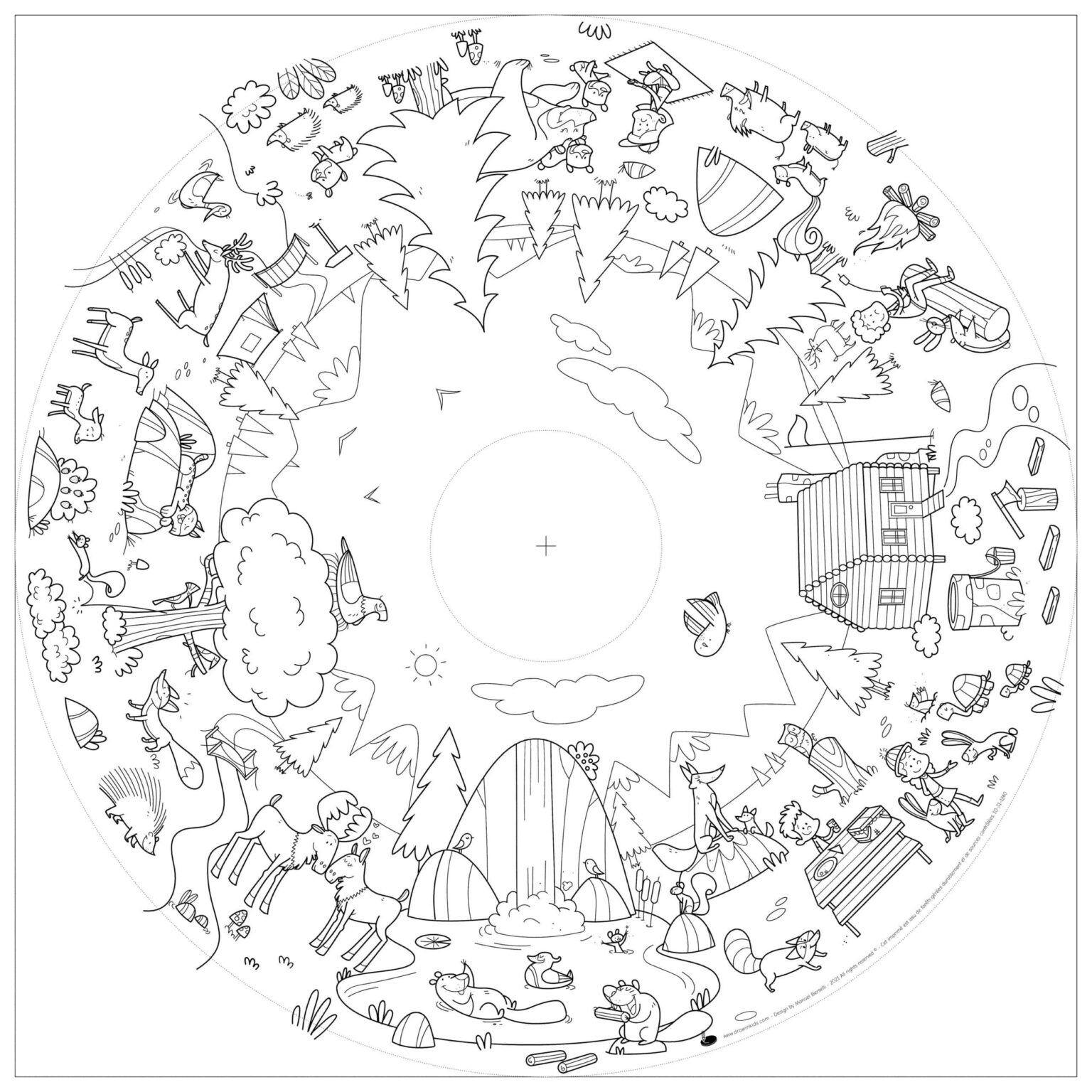 Recarga de Folhas para Colorir - Explorar o Mundo Desenho circular a preto e branco com animais da floresta, árvores, lago e cabana de madeira