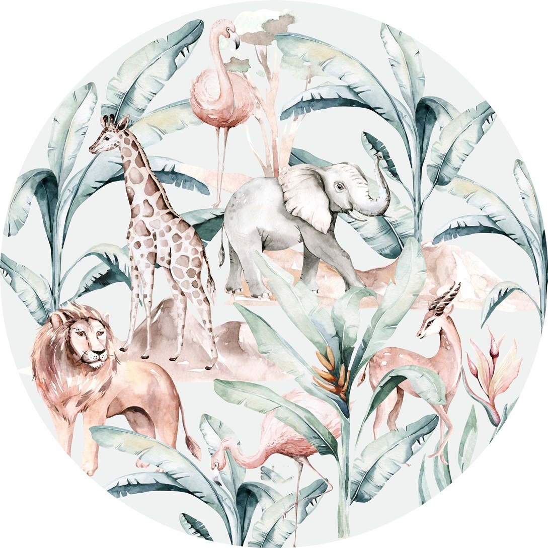 Tapete Redondo ECO Vida Animal Ilustração de animais da savana e plantas tropicais em cores pastel