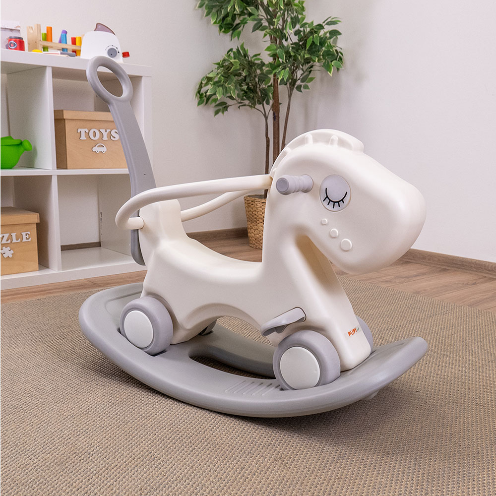 Cavalo de Balanço Infantil 2 em 1 Cavalo de baloiço infantil branco com rodas cinzentas