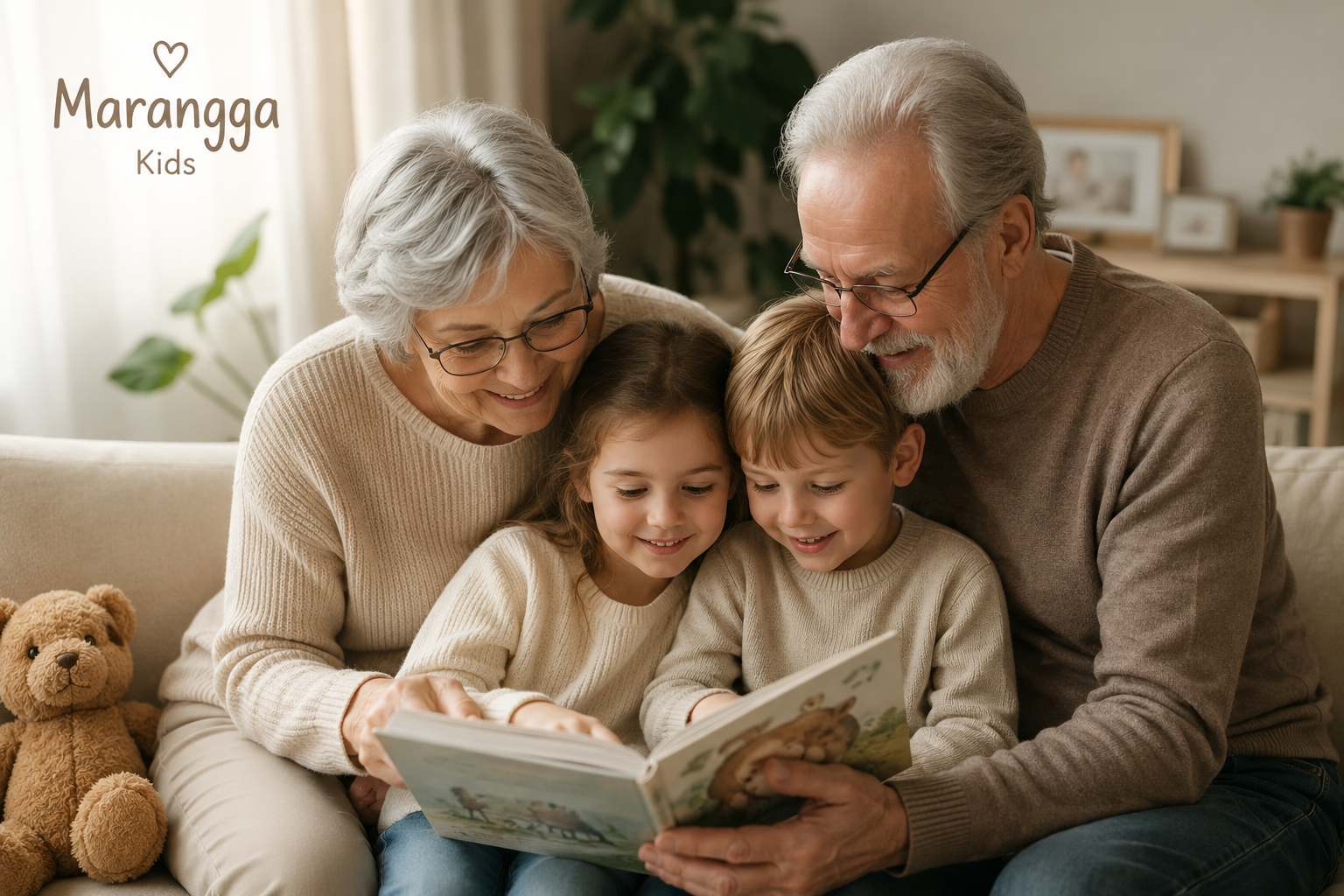 Duas crianças e dois idosos a ler um livro infantil sentados no sofá