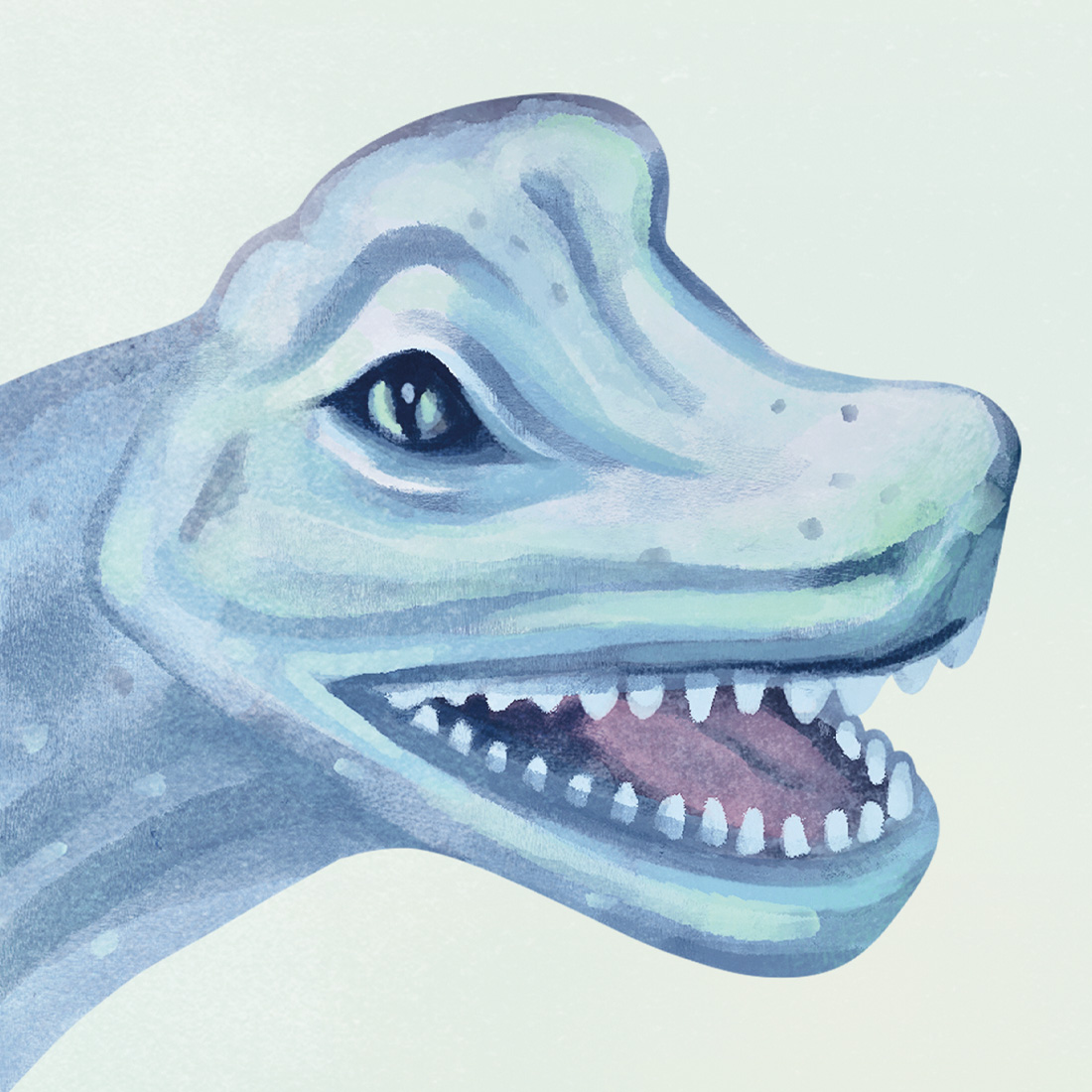 Papel de Parede Infantil Dinossauros Cabeça de dinossauro azul e cinza com boca aberta e dentes afiados