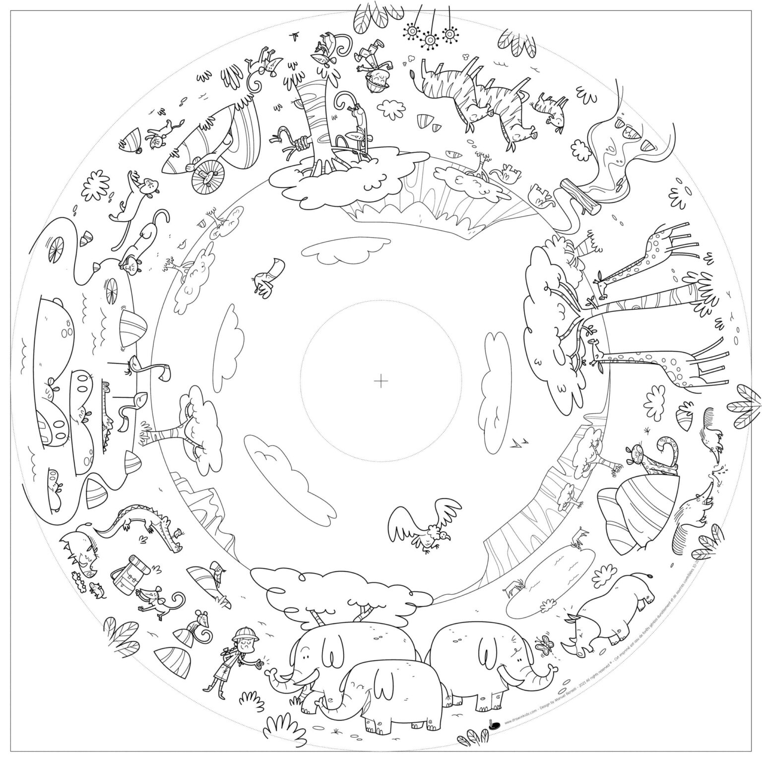 Recarga de Folhas para Colorir - Explorar o Mundo Desenho circular em preto e branco com animais selvagens e natureza estilo cartoon.
