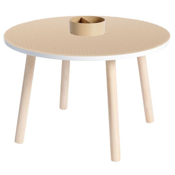 Base de Construção Infantil Compatível com LEGO® Mesa redonda de madeira clara com tampo bege texturizado e recipiente dividido no centro