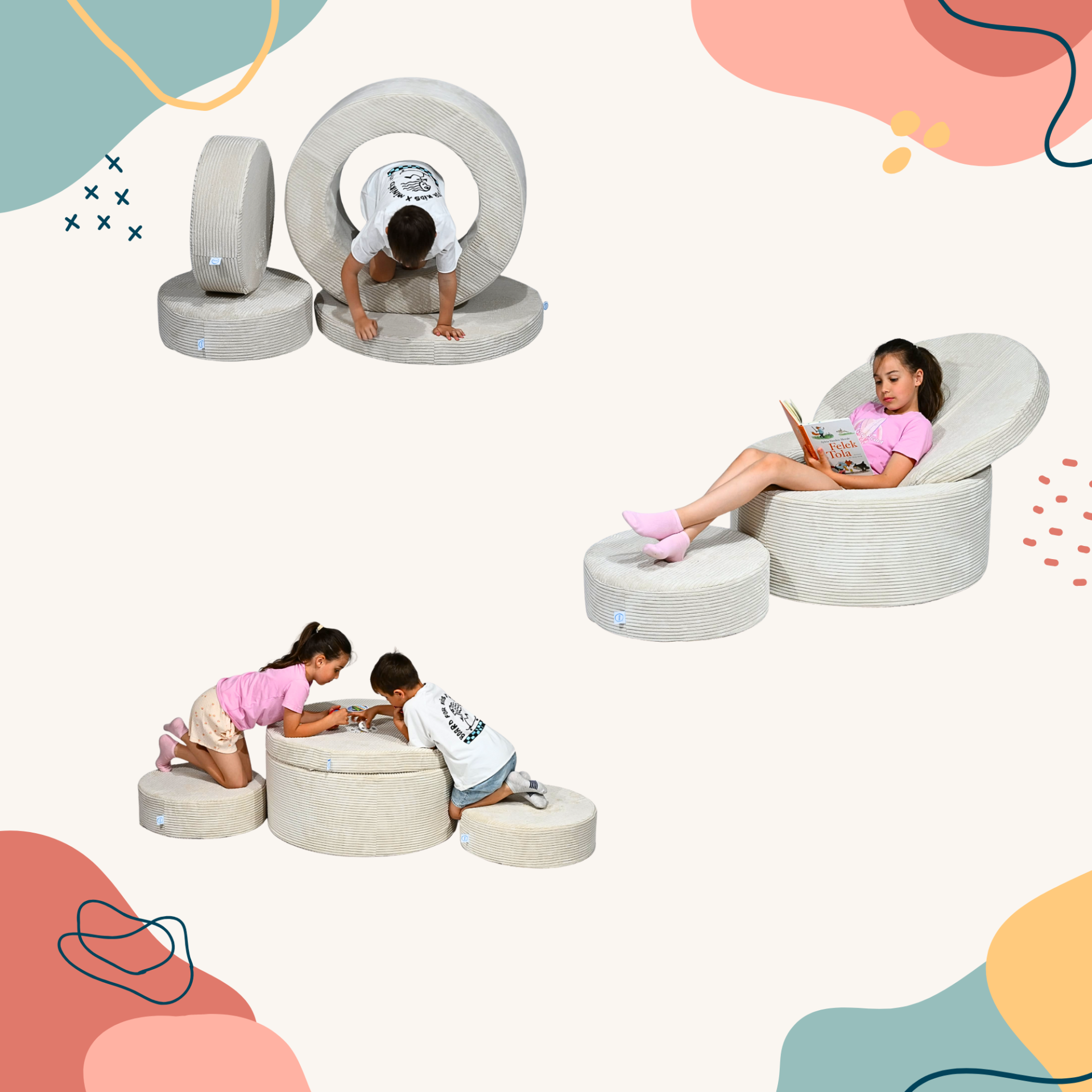 Conjunto Pufe Modular em Veludo Cotelê Bege Conjunto de móveis infantis modulares redondos em tecido cinza claro com textura riscada