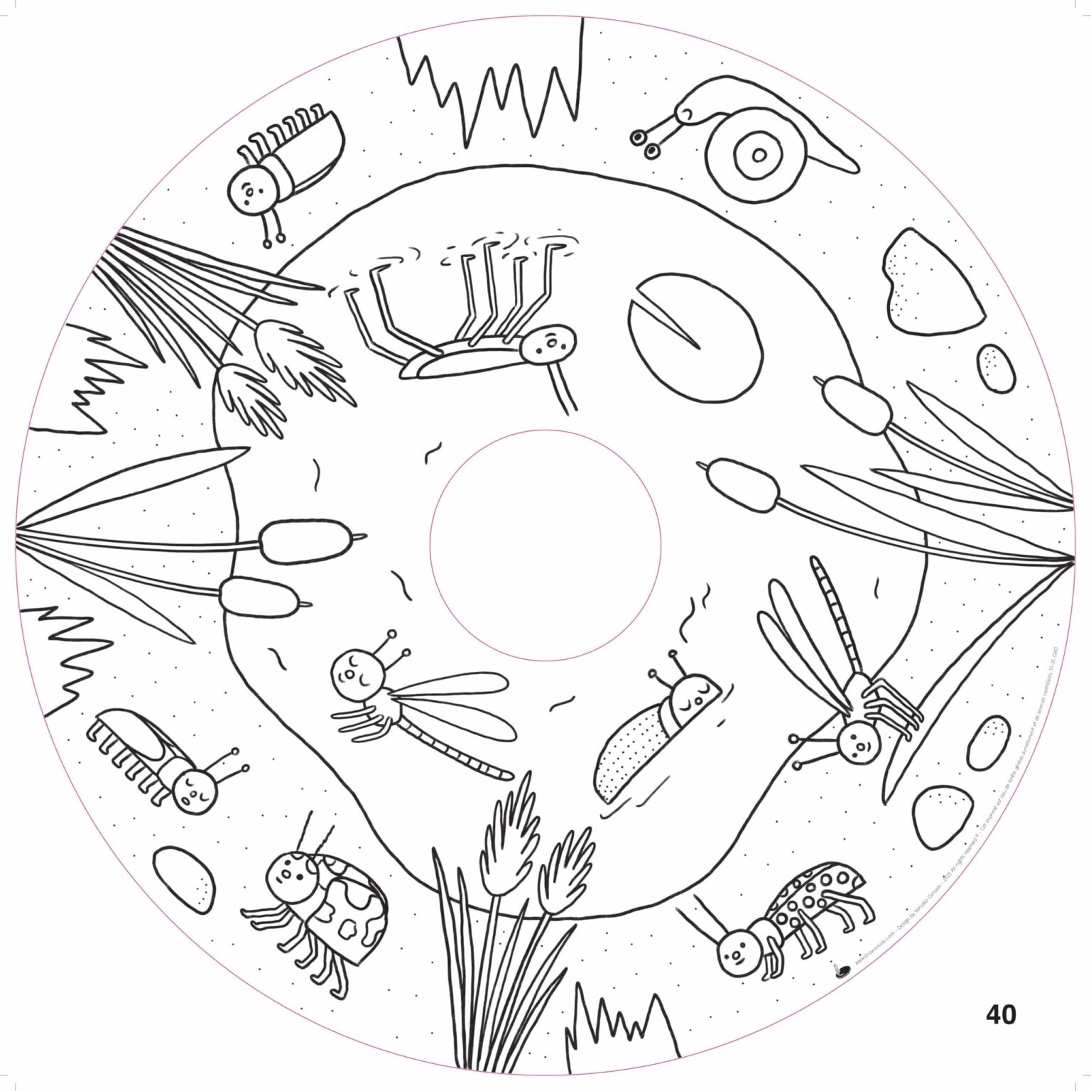 Recarga de Folhas para Colorir - Jardim Desenho em círculo com vários insetos e plantas aquáticas a preto e branco.