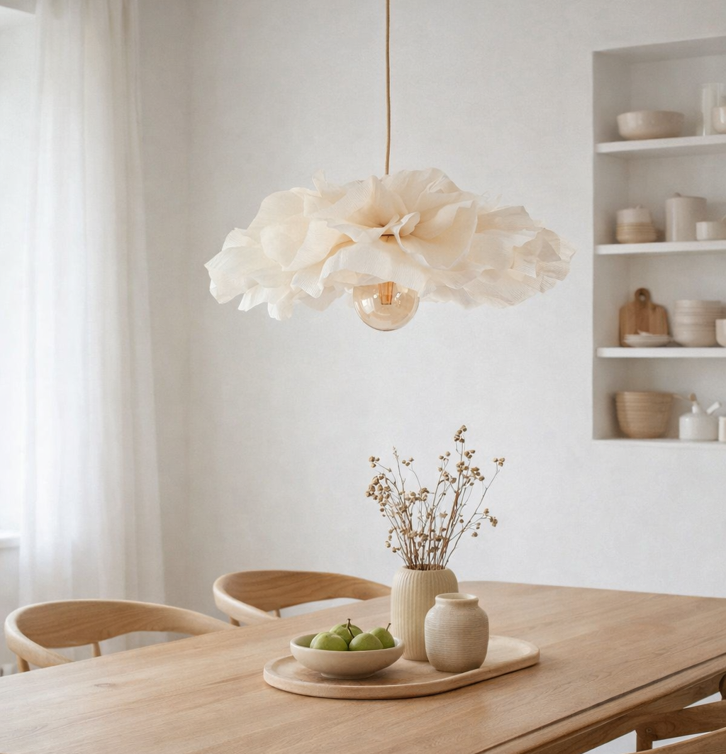 Candeeiro de Teto Flor em Bege Candeeiro suspenso creme em tecido com mesa de madeira, fruteira, jarro, vaso e estantes no fundo