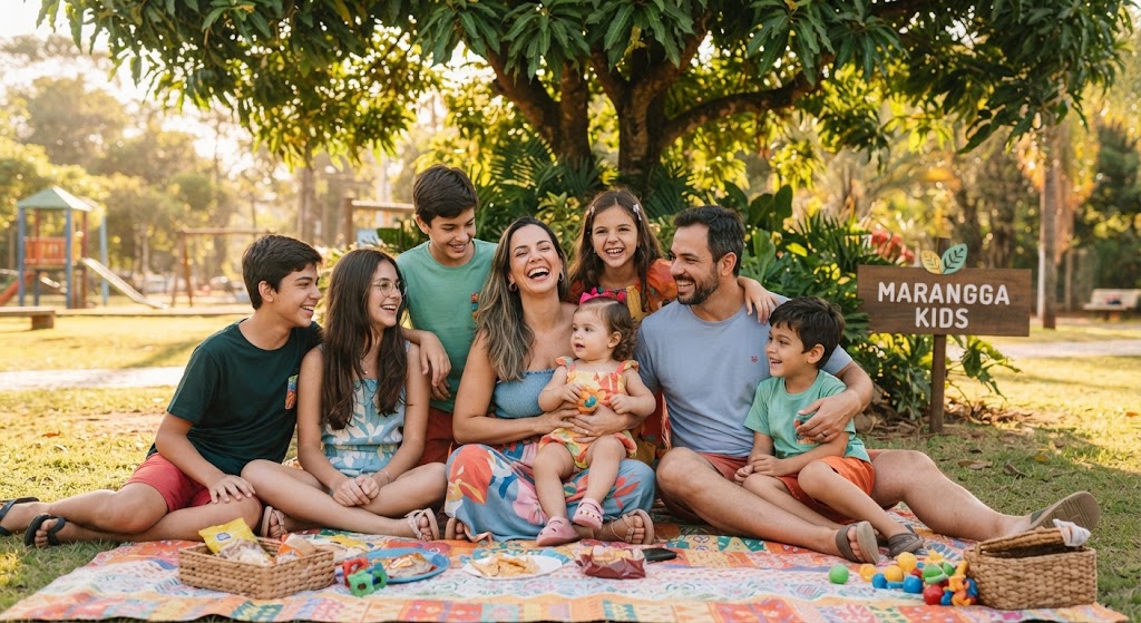 Família sentada em piquenique ao ar livre perto de placa MARANGGA KIDS