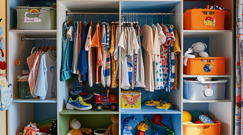 Como Organizar o Armário Infantil: Dicas Práticas para Pais Armário branco com roupas coloridas penduradas e caixas de tecido com brinquedos
