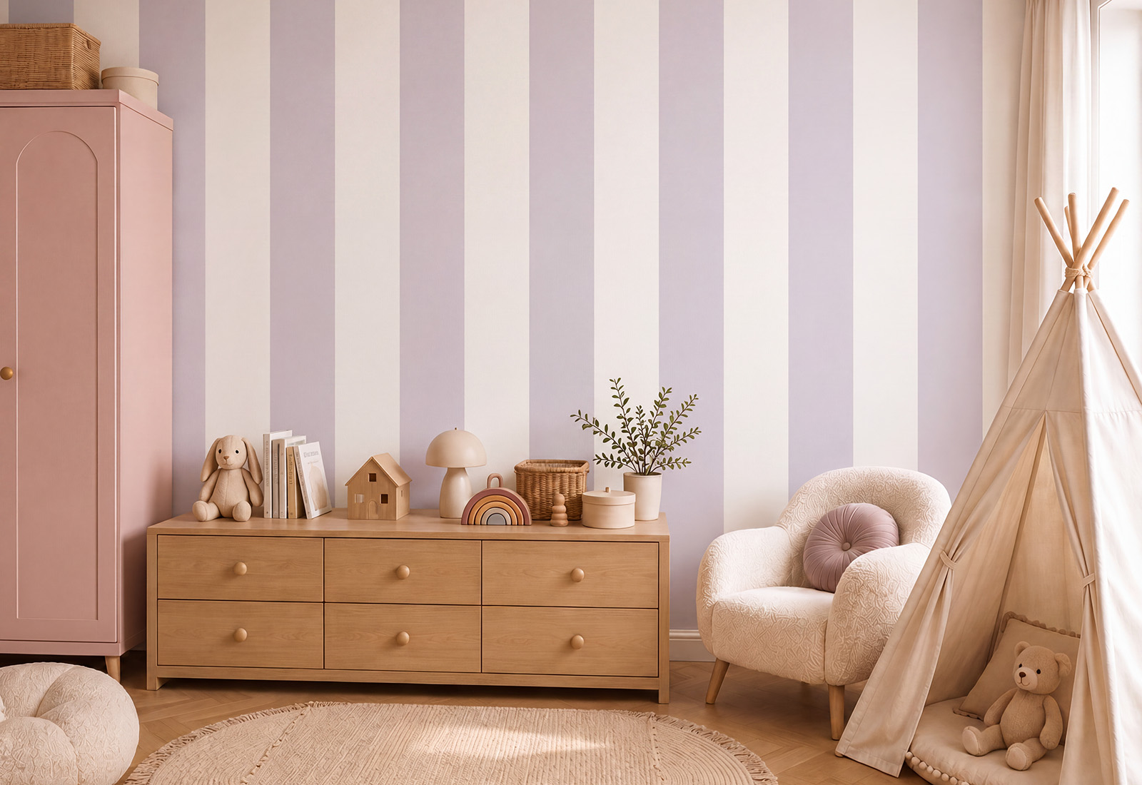 Papel de Parede Infantil às Listas Largas Quarto infantil com móvel de madeira clara, armário rosa, poltrona creme, tenda bege e brinquedos.