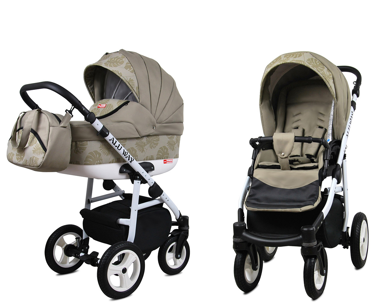 Carrinho de Bebé 2 em 1 com Alcofa Alu Way – Caqui Carrinho de bebé ALU WAY bege com padrão floral e estrutura branca e preta