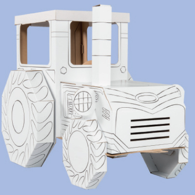 Trator para Colorir Trator de brinquedo em cartão branco com desenhos a preto sobre fundo azul