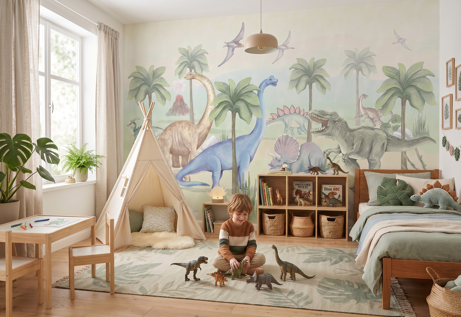 Papel de Parede Infantil Dinossauros Quarto infantil decorado com tema de dinossauros em tons suaves com tenda de brincar, tapete e móveis em madeira