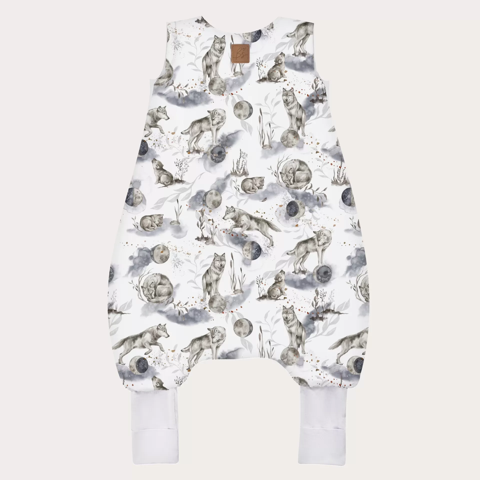 Saco de Dormir com Pernas - Lobos Macacão de bebé branco com padrão de lobos cinzentos e luas em tons cinza e azul
