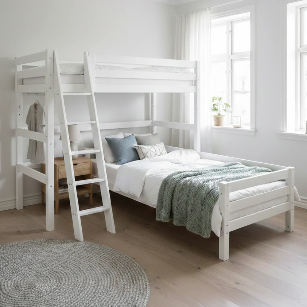 Beliche Eco Luxury Flexível Cama beliche branca em ambiente iluminado com cama inferior arrumada
