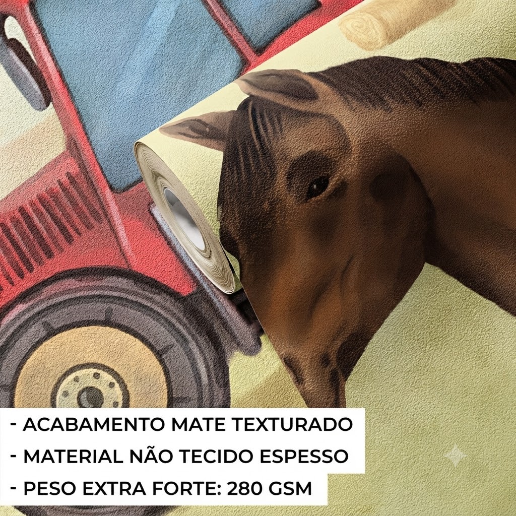 Papel de Parede Infantil Animais da Quinta Rolo de papel com ilustração de cavalo e veículo vermelho em textura mate texturada