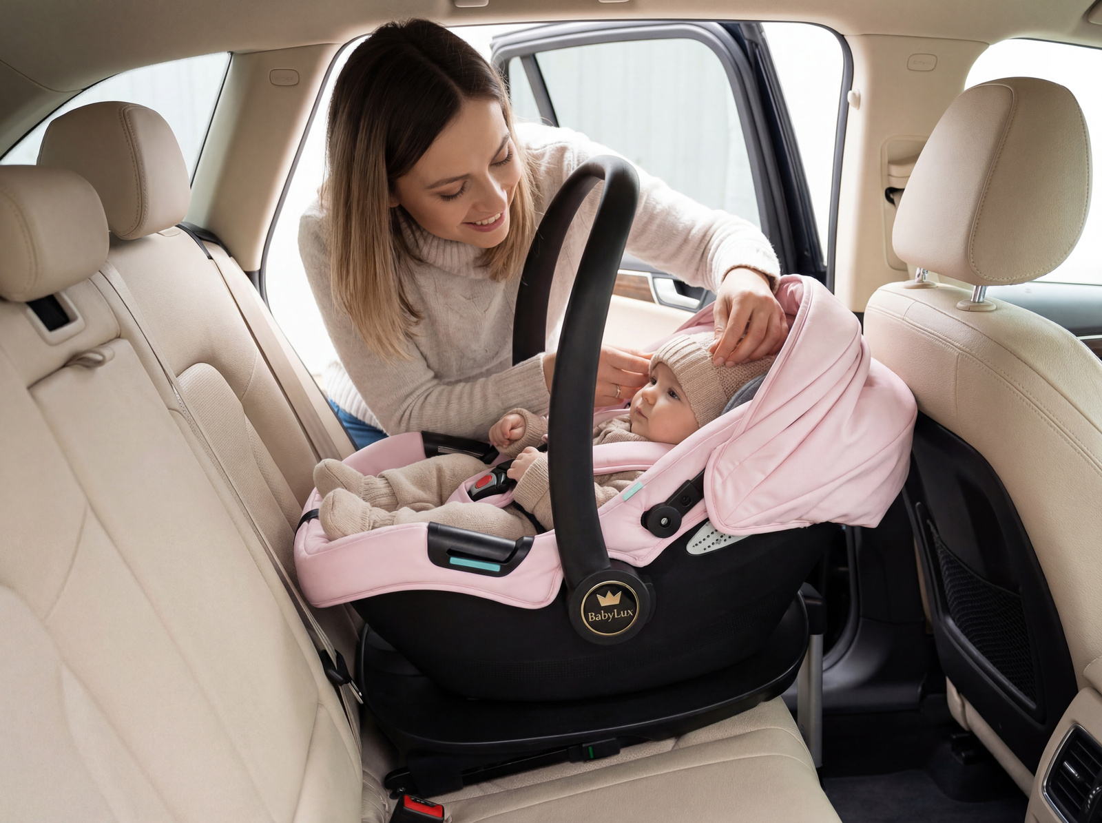 Cadeiras Tiesto R129 ISOFIX Cadeira auto para bebé rosa e preto com bebé e mãe no banco traseiro de carro bege