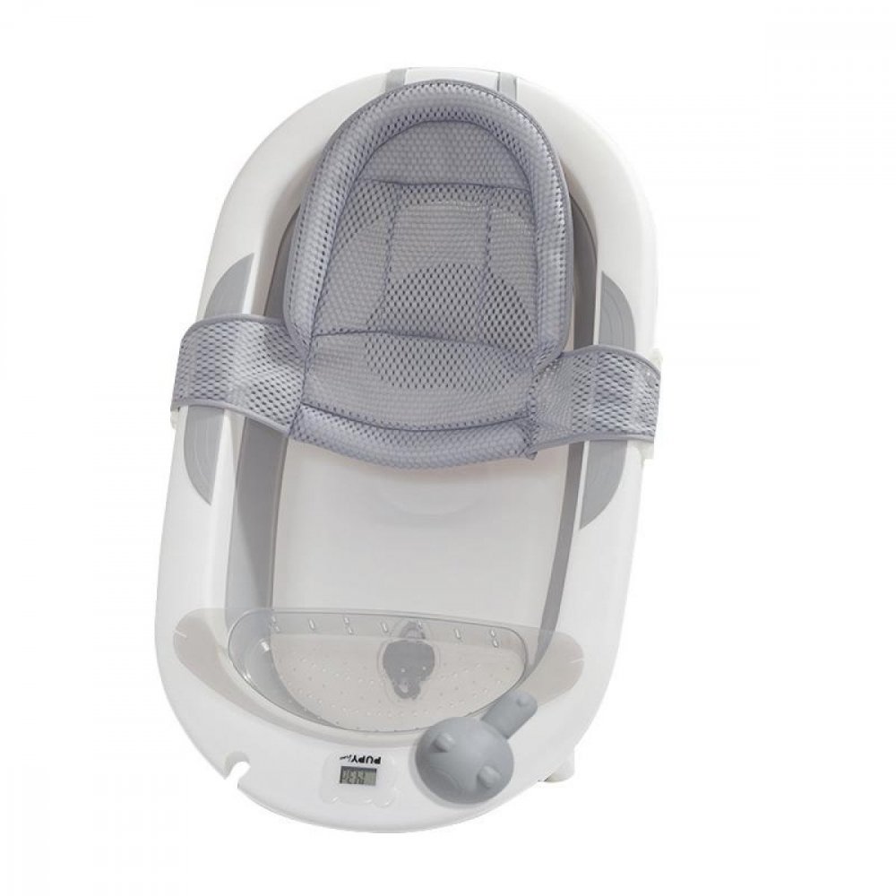 Banheira Dobrável de Silicone para Bebé - Kit 7 Peças Banheira para bebé branca com suporte cinzento em rede e termómetro digital