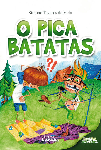 O Pica Batatas Capa colorida de livro infantil com título em verde e ilustração de duas crianças num acampamento