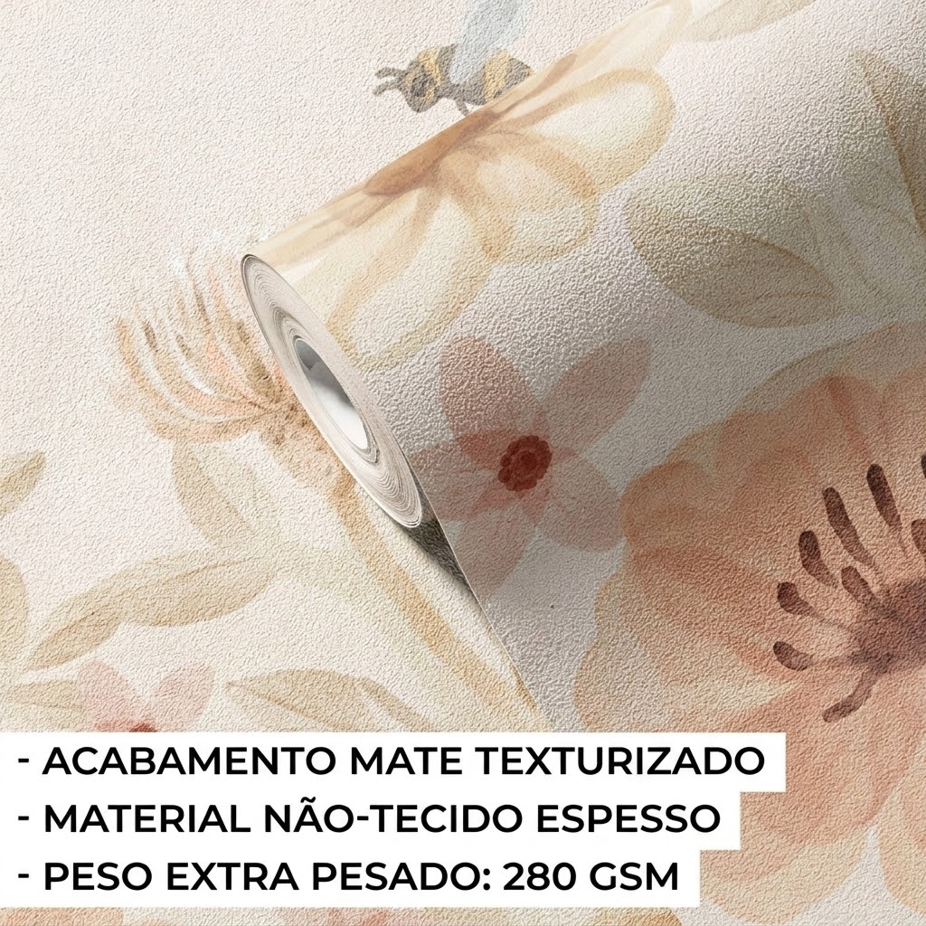 Papel de Parede Infantil Flores Rolo de papel de parede floral texturizado em tons pastel com texto explicativo em português.