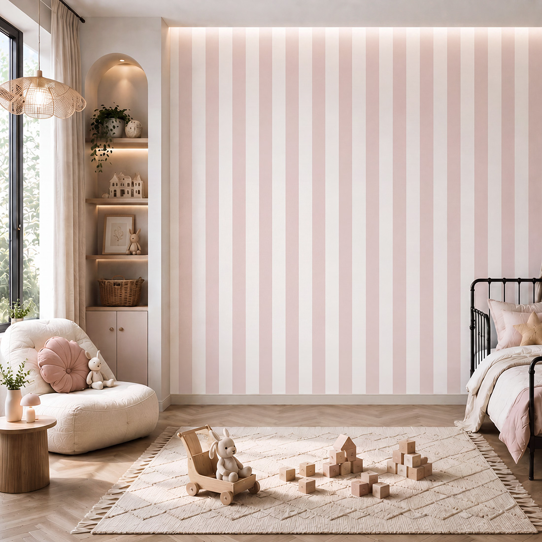 Papel de Parede Infantil às Listas Finas Quarto infantil com decoração suave em rosa e branco com móveis e brinquedos de madeira