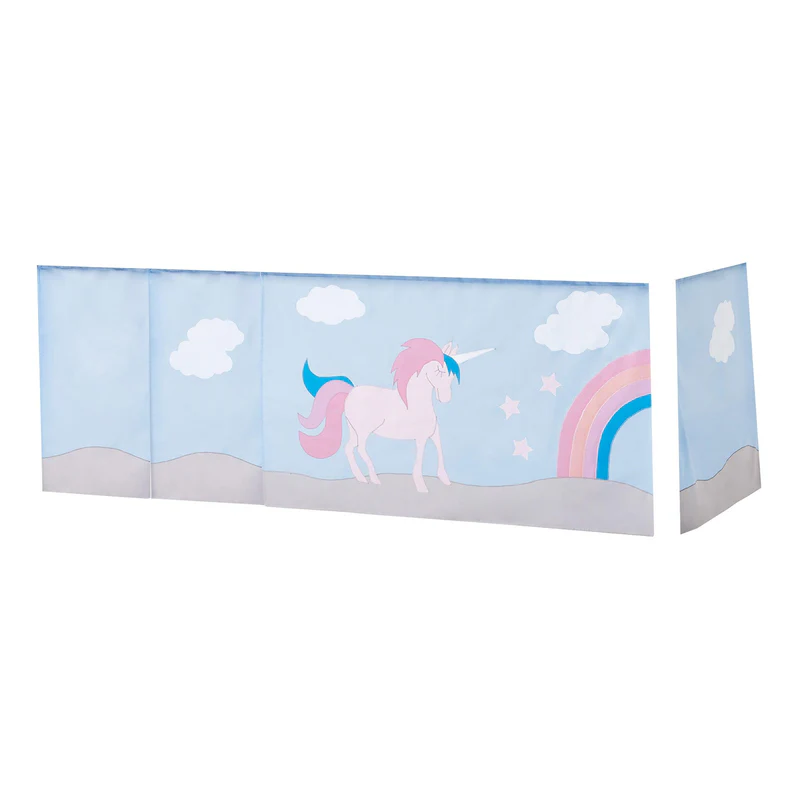 Cortina de Cama Eco Dream – Unicórnio Proteção de cama infantil azul com desenho de unicórnio, nuvens e arco-íris