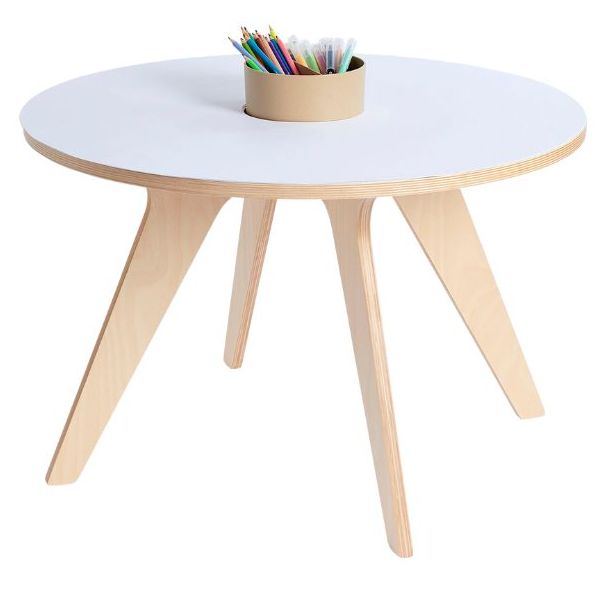 Mesa Infantil de Desenho e Atividades Montessori em Madeira Mesa redonda branca com pernas de madeira clara e lápis de cor no centro