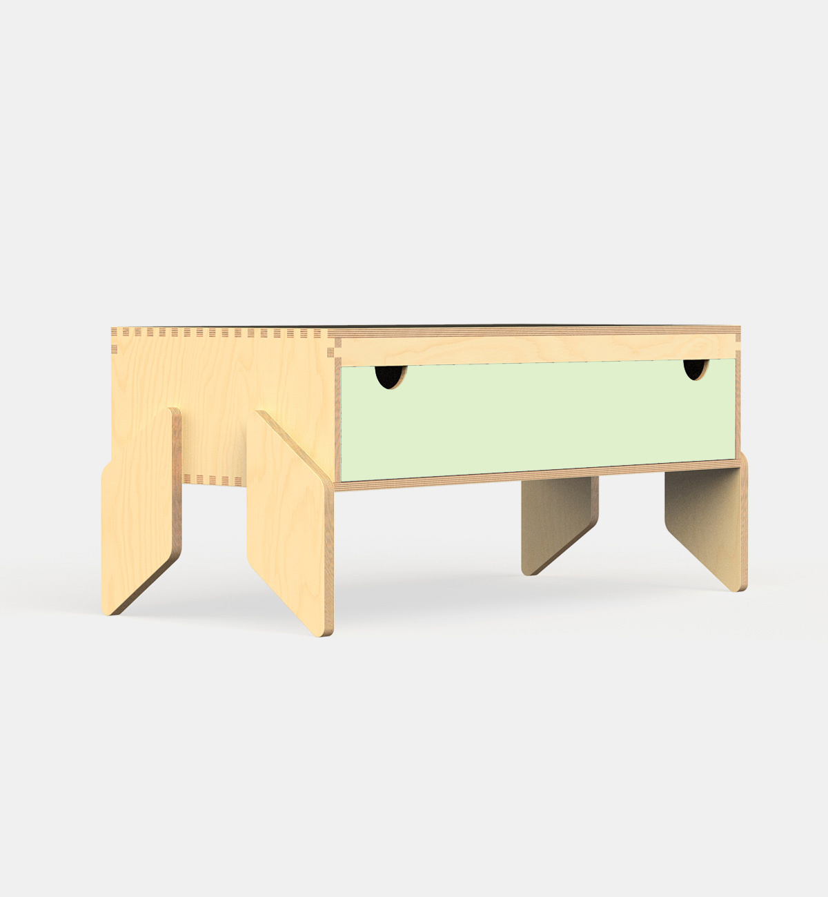 NINO 2 Móvel Modular para Crianças Mesa baixa de madeira clara com gaveta verde claro e puxadores em meia-lua