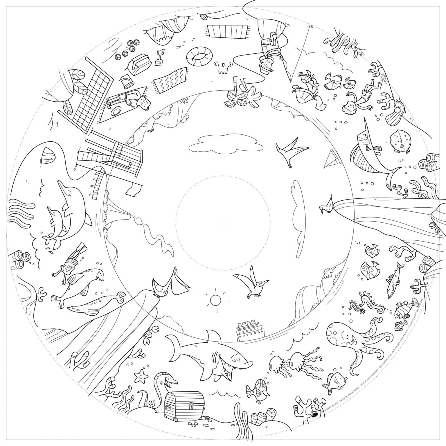 Recarga de Folhas para Colorir - Explorar o Mundo Desenho circular em preto e branco de praia e mar com pessoas e animais marinhos.