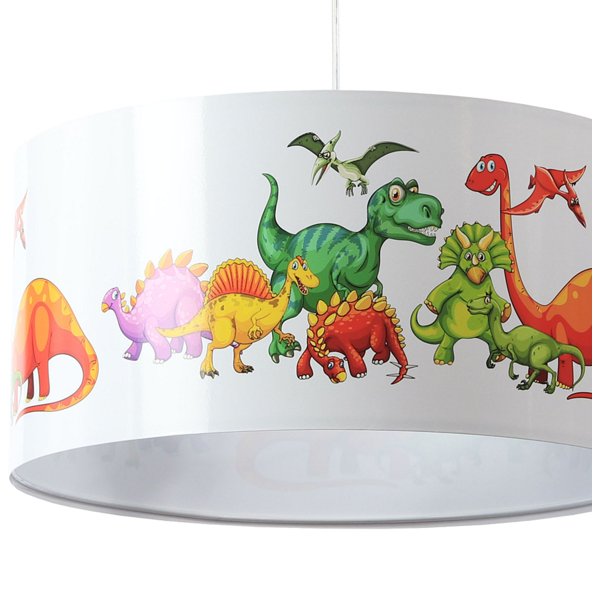 Candeeiro Suspenso Pequenos DINOSSAUROS Candeeiro de tecto branco com dinossauros coloridos desenhados na cúpula.