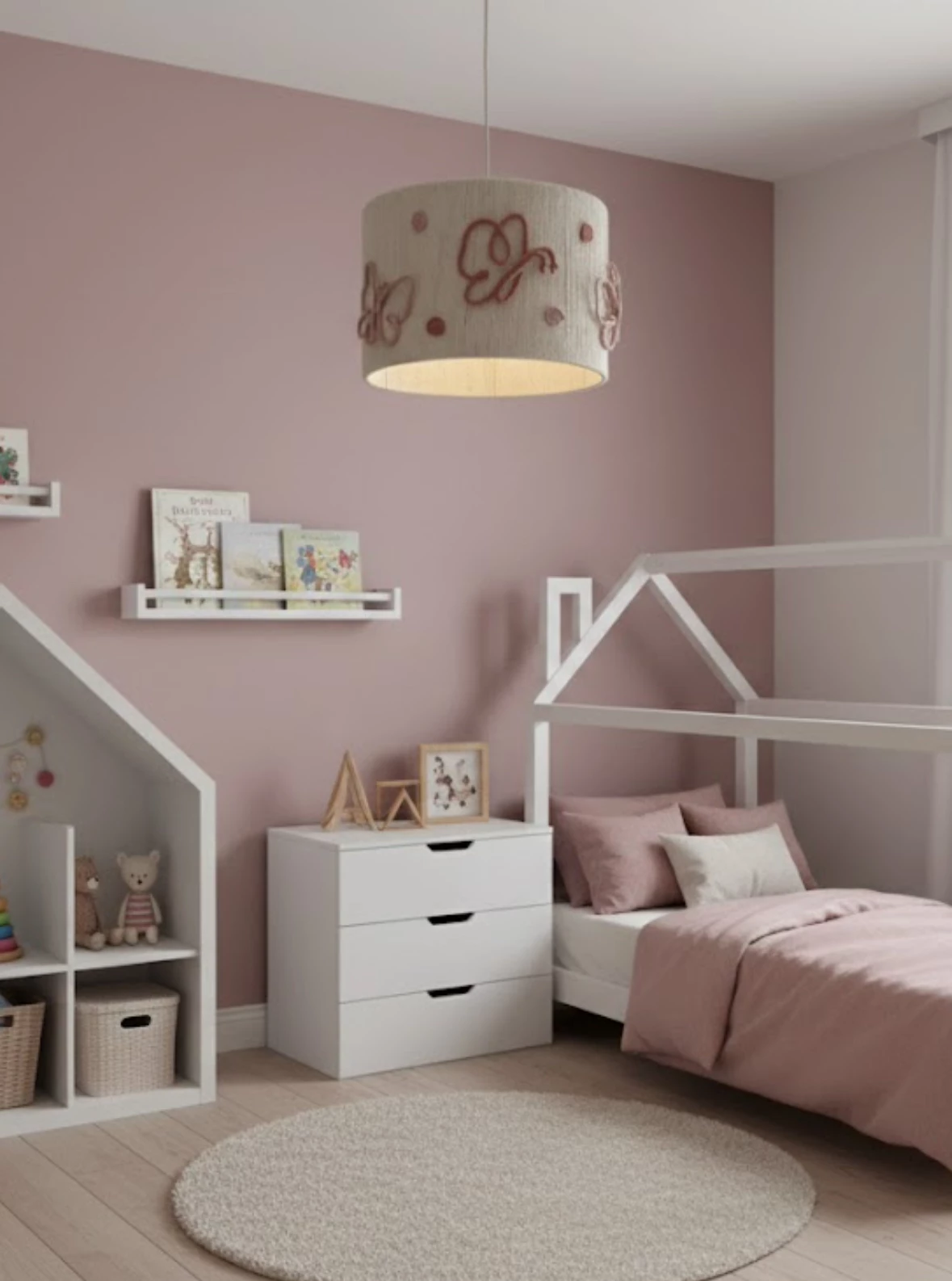 Abajur de Teto Infantil Borboletas Quarto infantil rosa com cama em formato de casinha e candeeiro de teto com borboletas