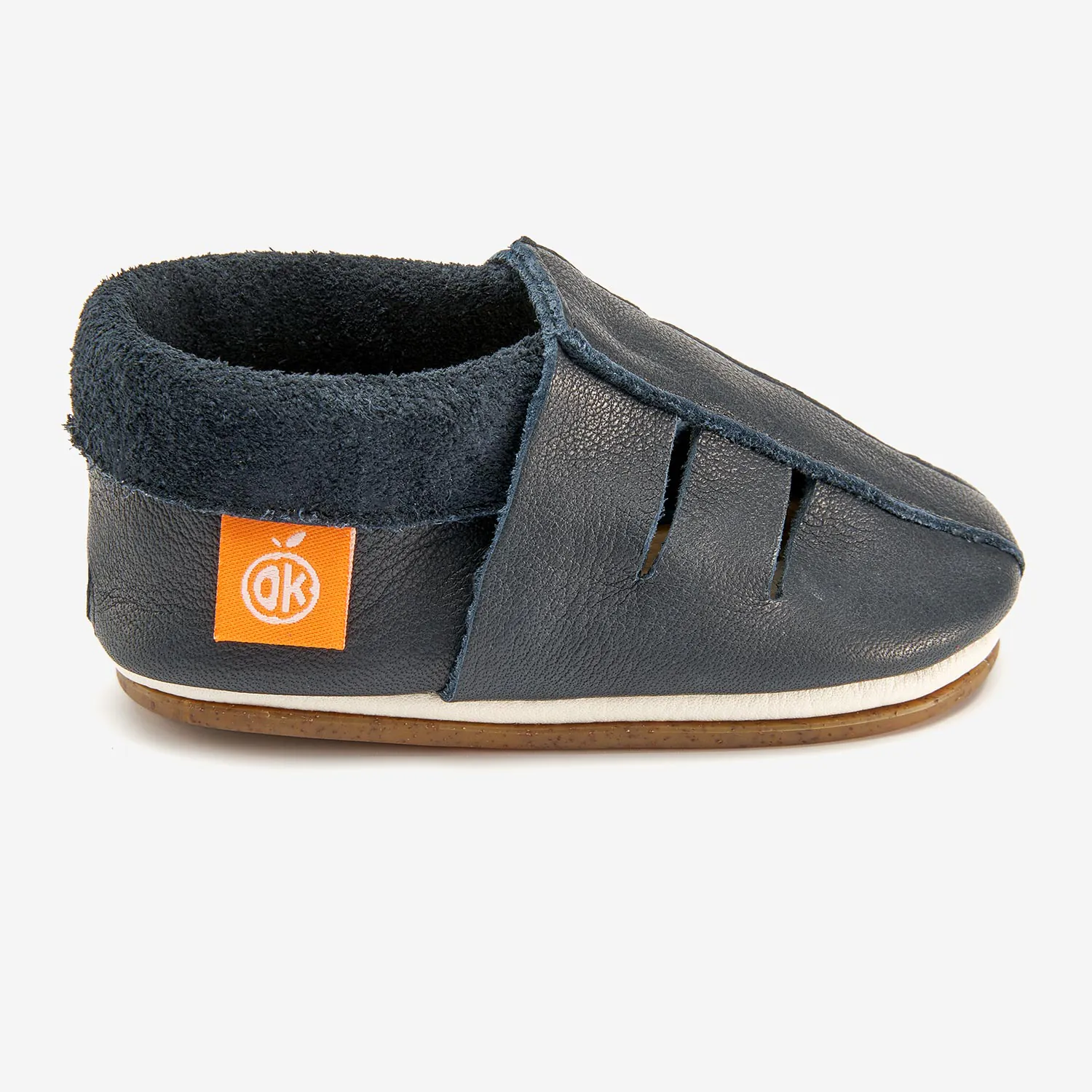 Sandália Infantil Azul Sapato de bebé preto em pele com etiqueta laranja