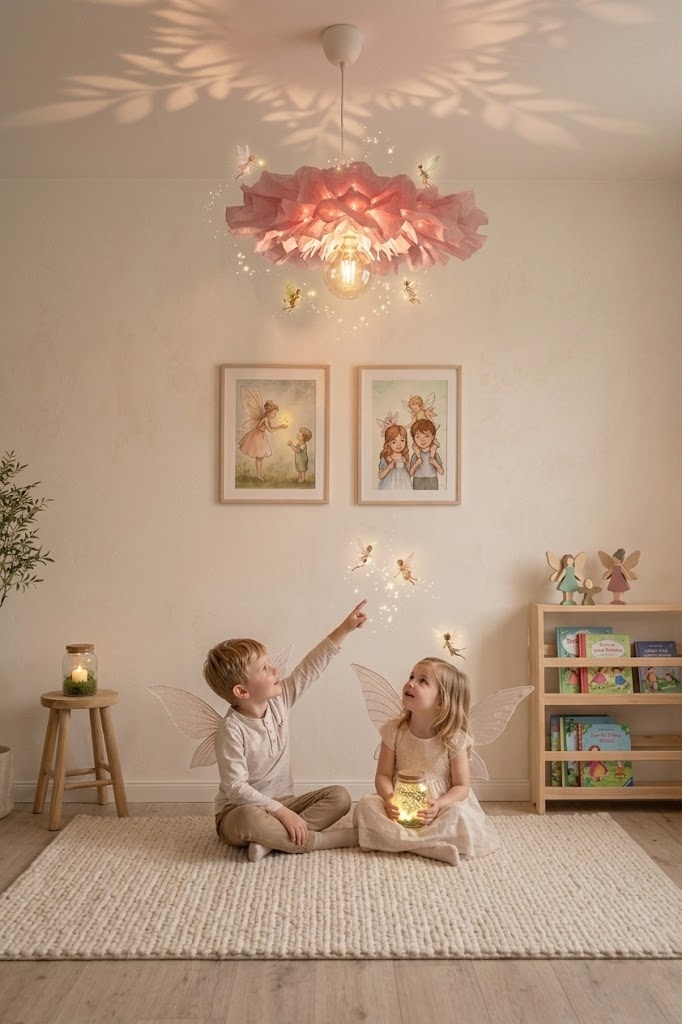 Candeeiro de Teto Flor em Rosa Lâmpada de teto rosa em quarto infantil com decoração de fadas e crianças com asas