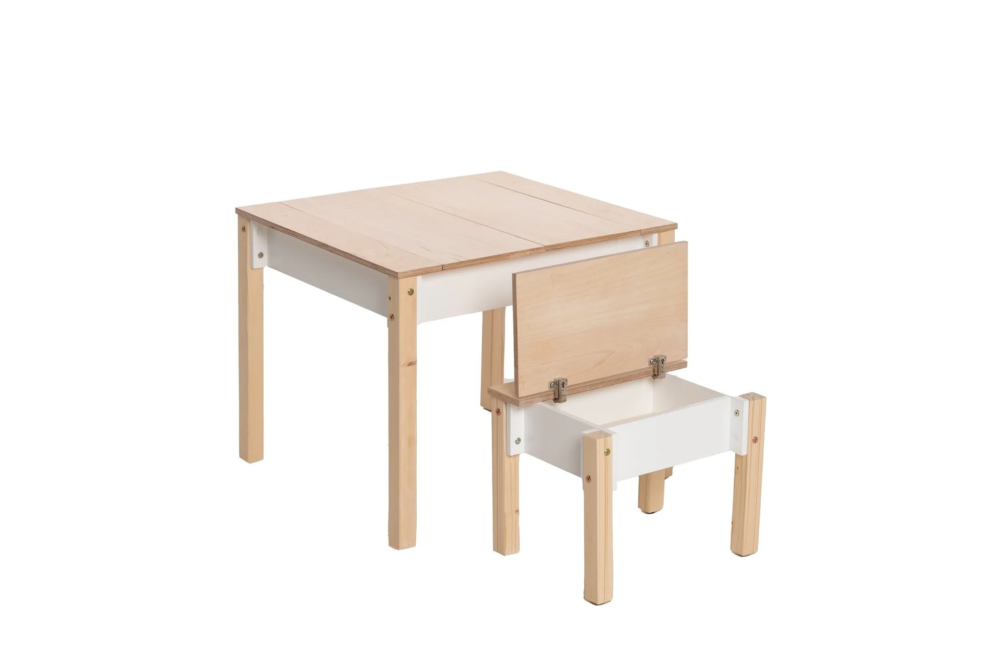 Conjunto de Mesa e Cadeira Infantil com Arrumação Mesa e cadeira infantis em madeira clara e branca com tampo articulado da cadeira aberto