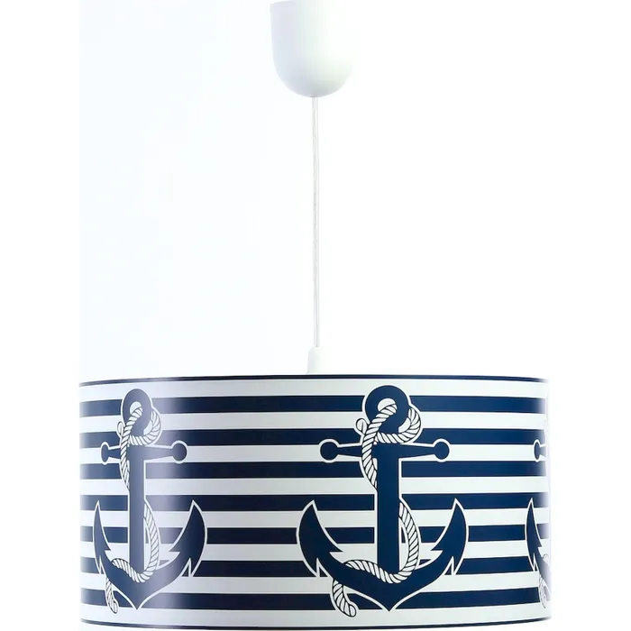 Candeeiro Suspenso MARÍTIMO Candeeiro de teto com cúpula riscada azul e branca com âncoras azuis