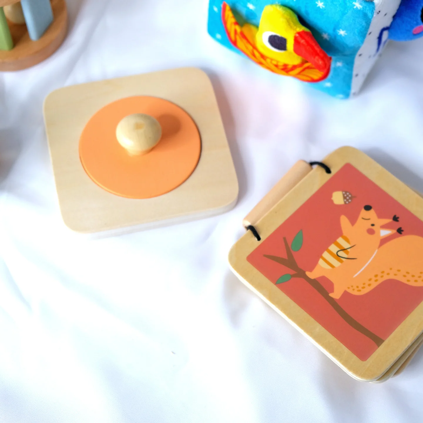 Caixa Sensorial Montessori - 6 a 12 meses Jogo de encaixe de madeira e livro infantil de madeira com ilustração de esquilo.