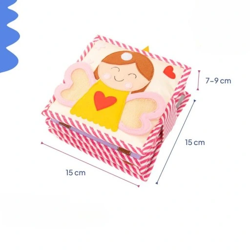 Princesinha – Mini Livro Sensorial de 6 Páginas Caixa quadrada decorada com desenho de anjo colorido