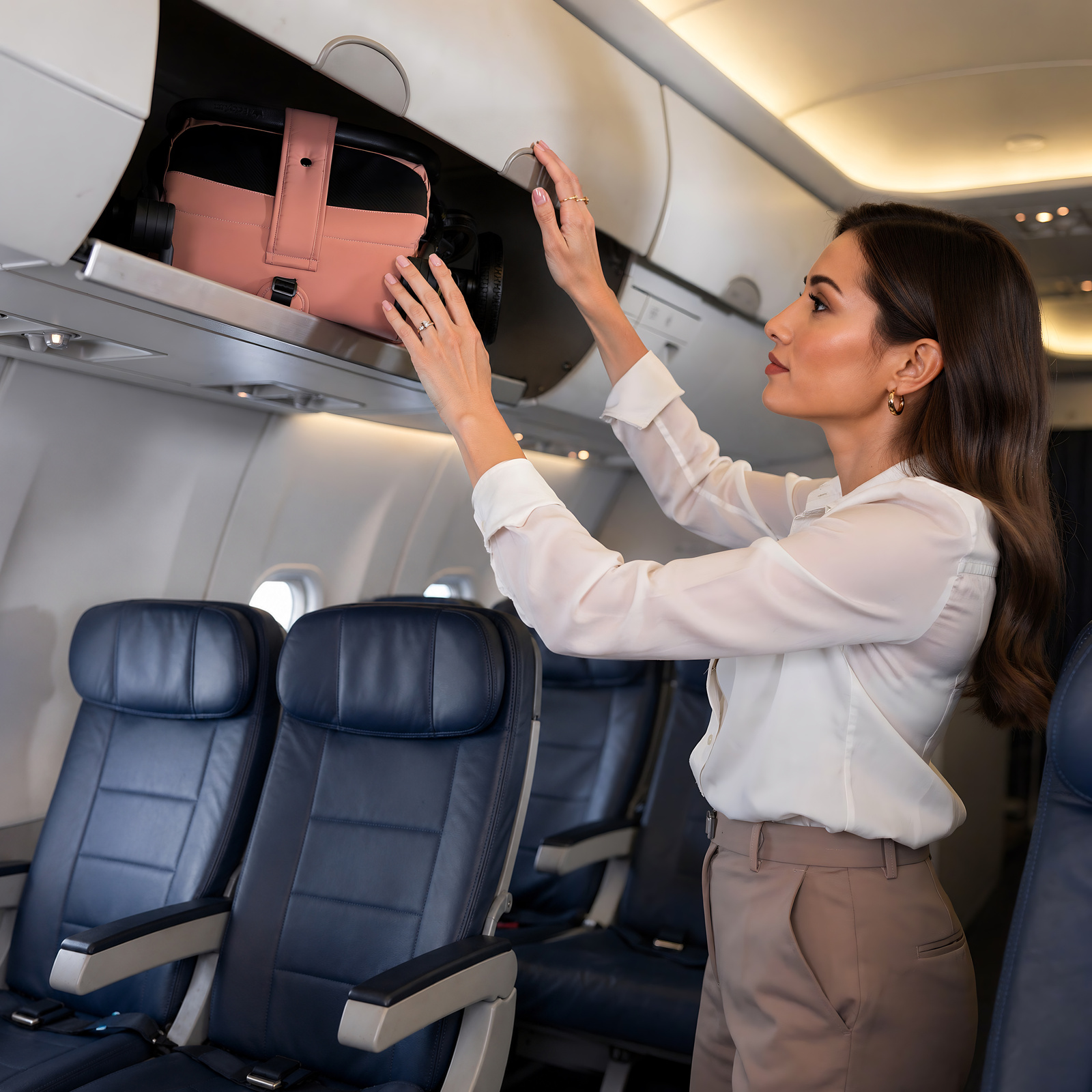 Carrinho de Bebé GIAU Rosa Salmão Mulher a colocar mala cor de rosa no compartimento superior de avião com assentos azul escuro