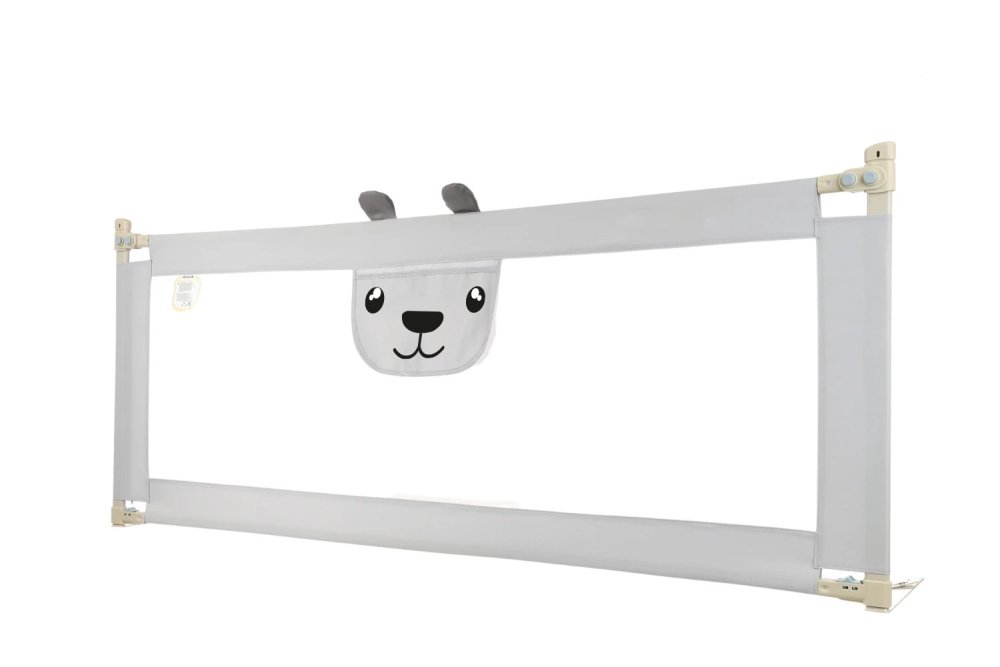Grade de Proteção para Cama Infantil Ursinho Grade de proteção para cama cinza claro com rede branca e decoração de rosto de animal