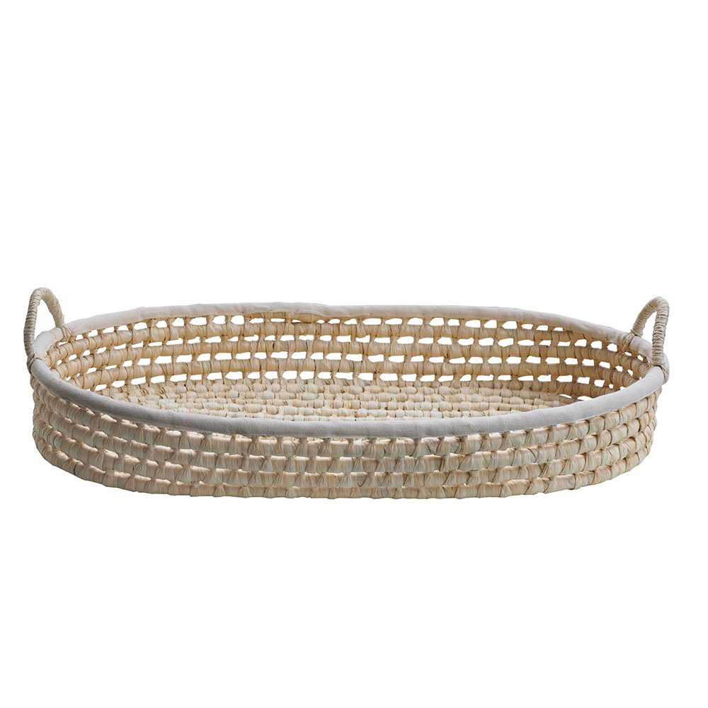 Cesto Fraldário de CASCA de MILHO Cesto oval de vime natural com bordas e alças brancas
