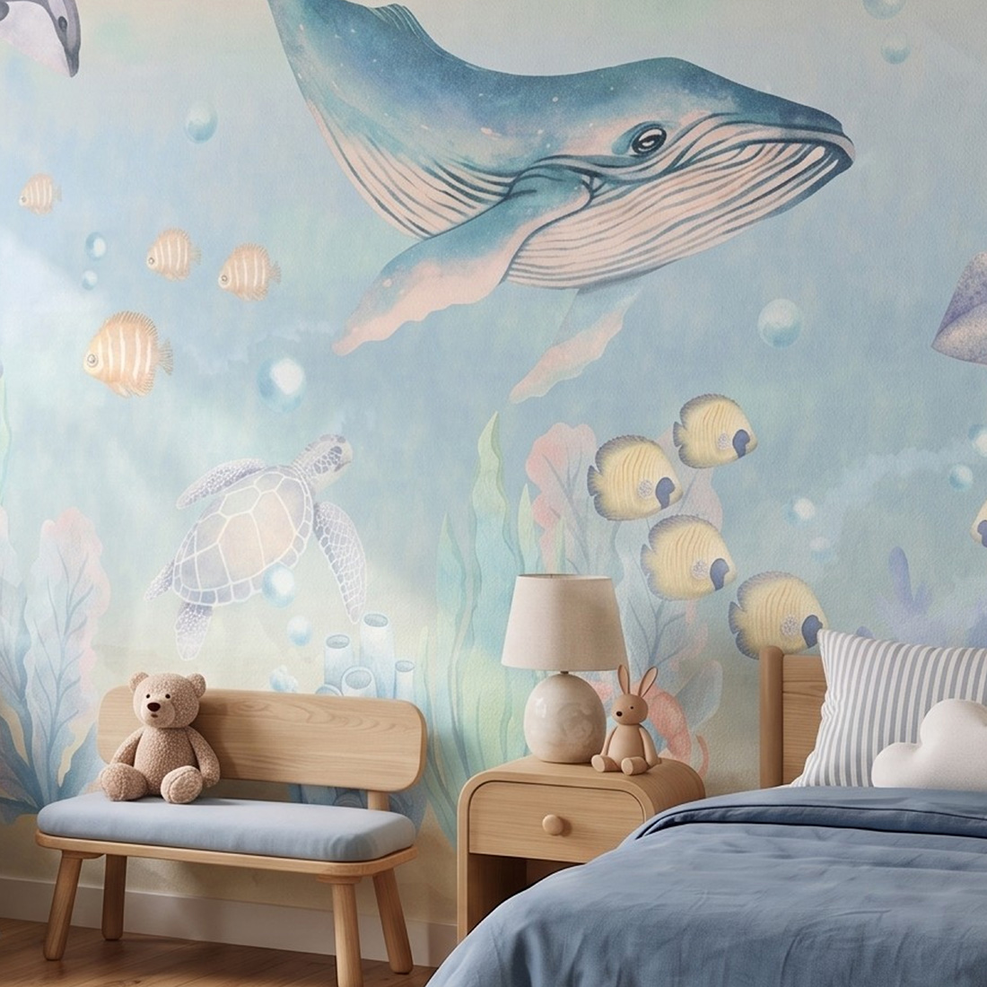 Papel de Parede Infantil Oceano Quarto infantil com decoração de parede subaquática e móveis de madeira