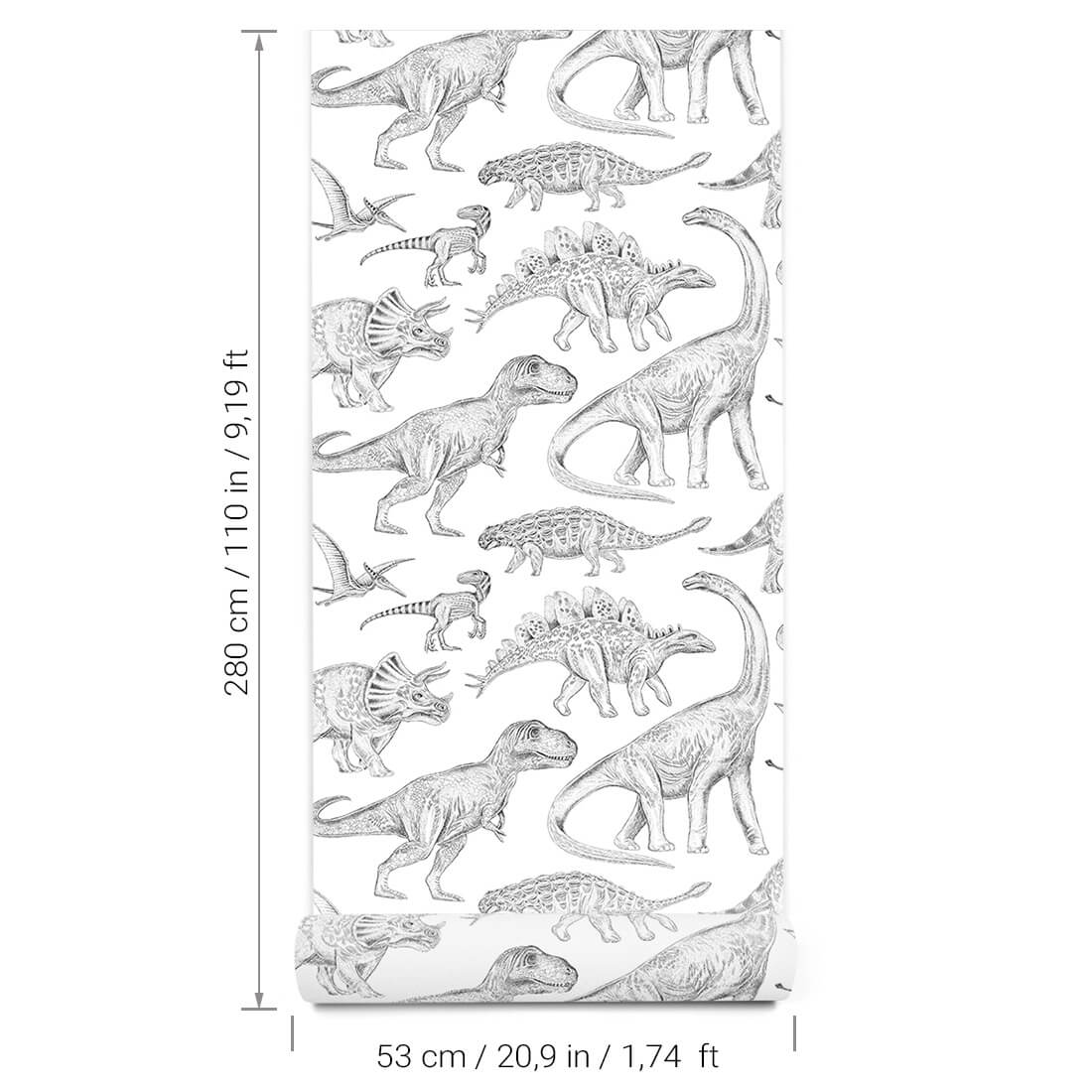 Papel de Parede Dinossauros BRANCO Papel de parede branco com desenhos a preto de dinossauros em estilo esboço