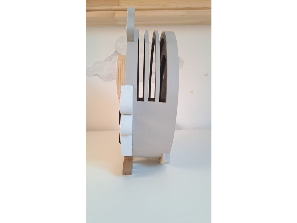 Candeeiro Coruja de Madeira Controlado por SMARTPHONE Relógio decorativo branco formato coelho com marcas pretas em fundo claro