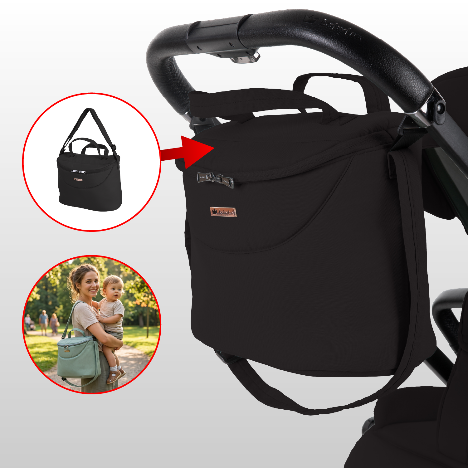 Carrinho de Bebé Scale Onyx Bolsa preta pendurada em carrinho de bebé, bolsa ao ombro e mulher com bebé num parque