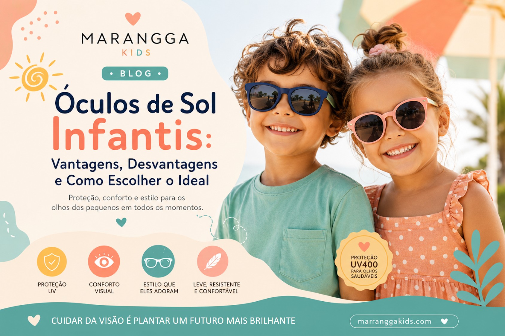 Crianças com óculos de sol infantis azuis e cor-de-rosa, texto promocional de óculos de sol infantis MARANGGA KIDS.