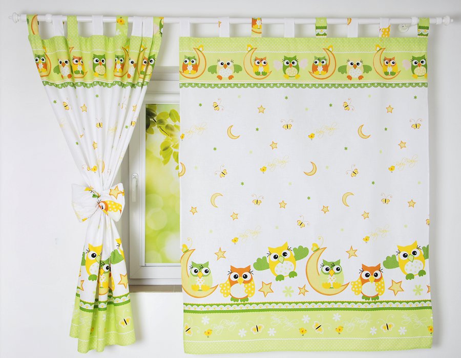 Cortinados Infantis Corujas Cortinas decorativas com padrão de corujas, estrelas e luas em verde e branco