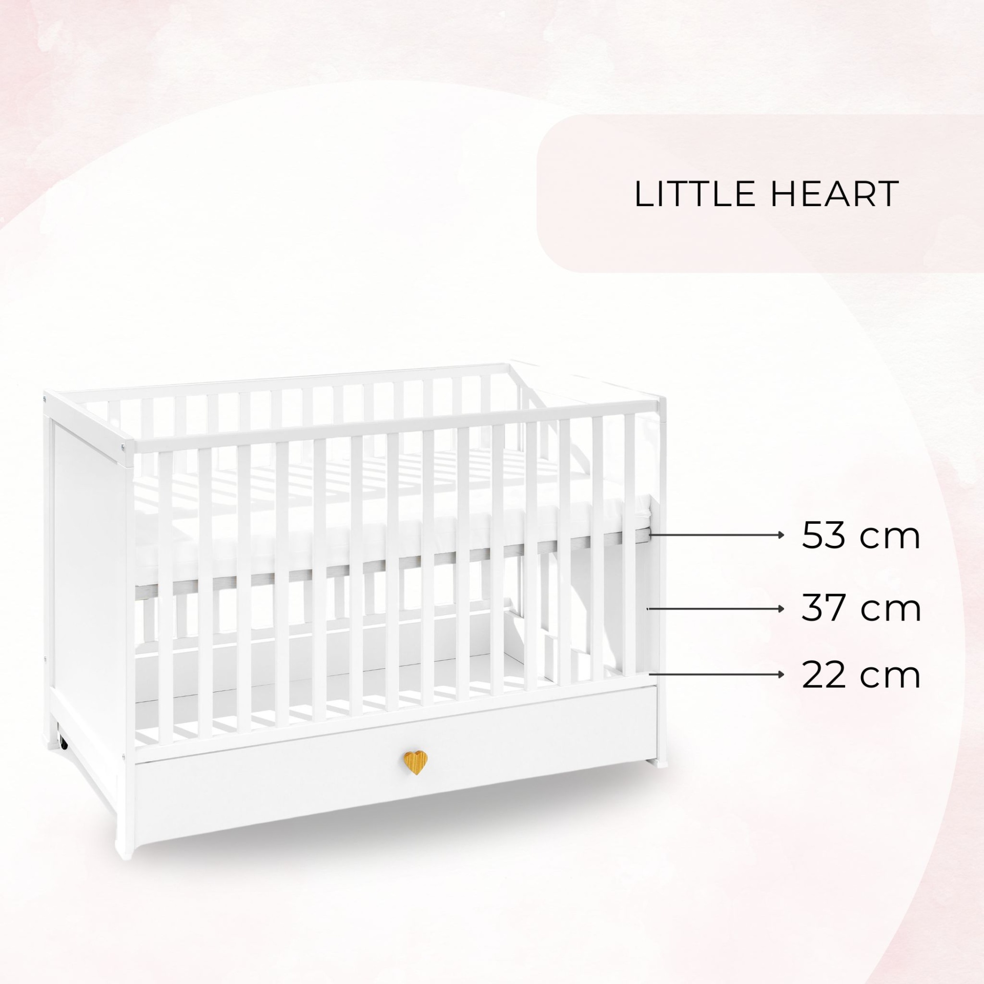 Berço de Bebé PEQUENO CORAÇÃO com Gaveta Berço branco de madeira com gaveta e altura ajustável do colchão