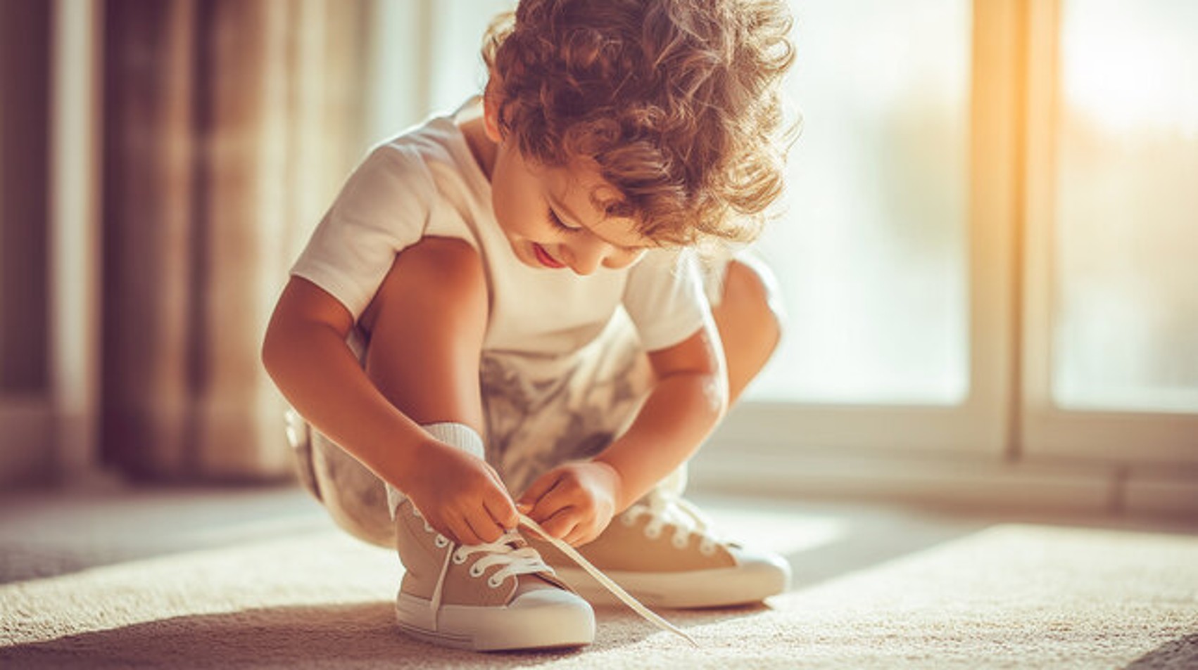 Criança a amarrar atacadores de sapatilhas castanhas dentro de casa.