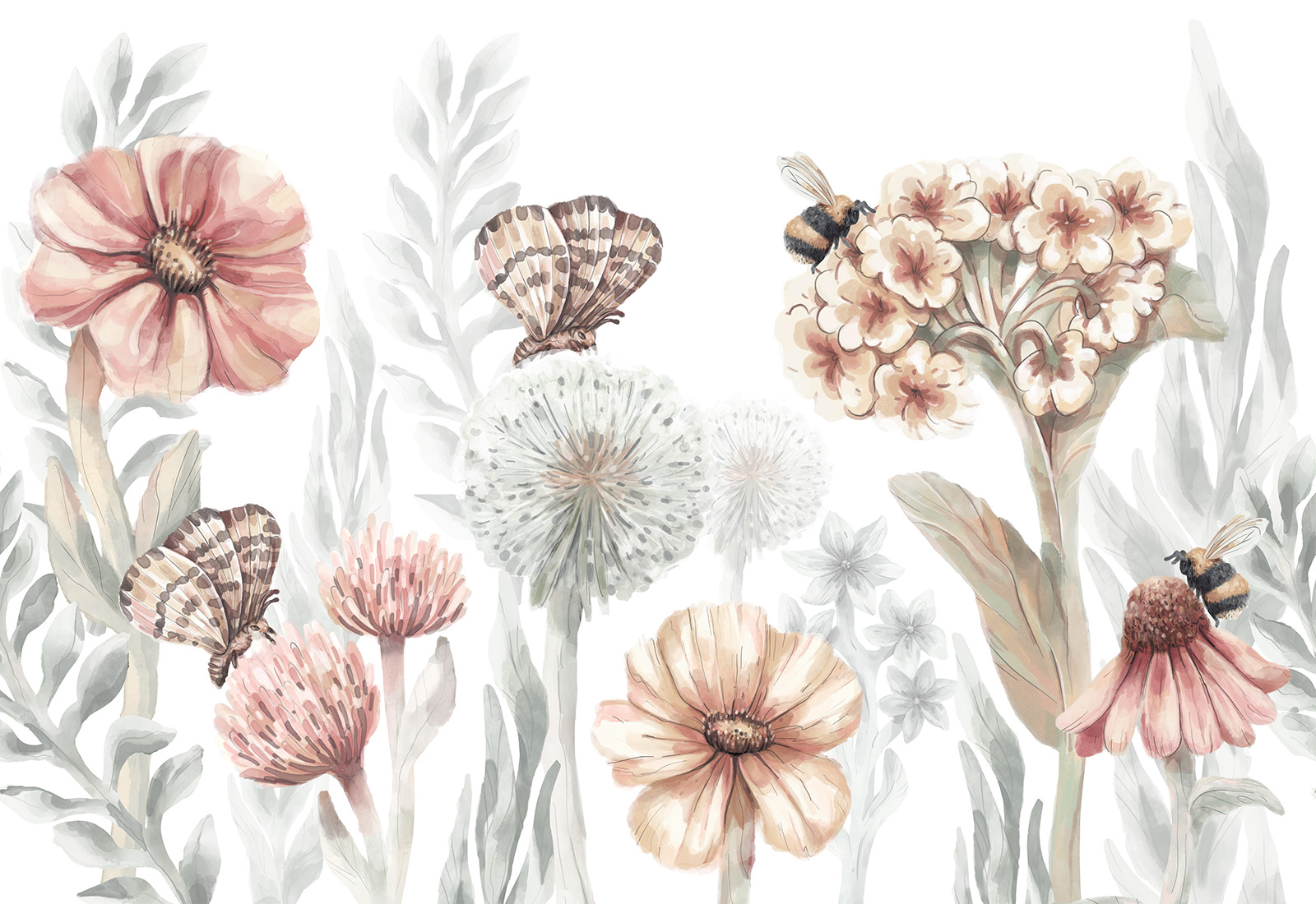 Papel de Parede Infantil Flores Silvestres Grandes Ilustração de flores, borboletas e abelhas em aquarela com fundo branco