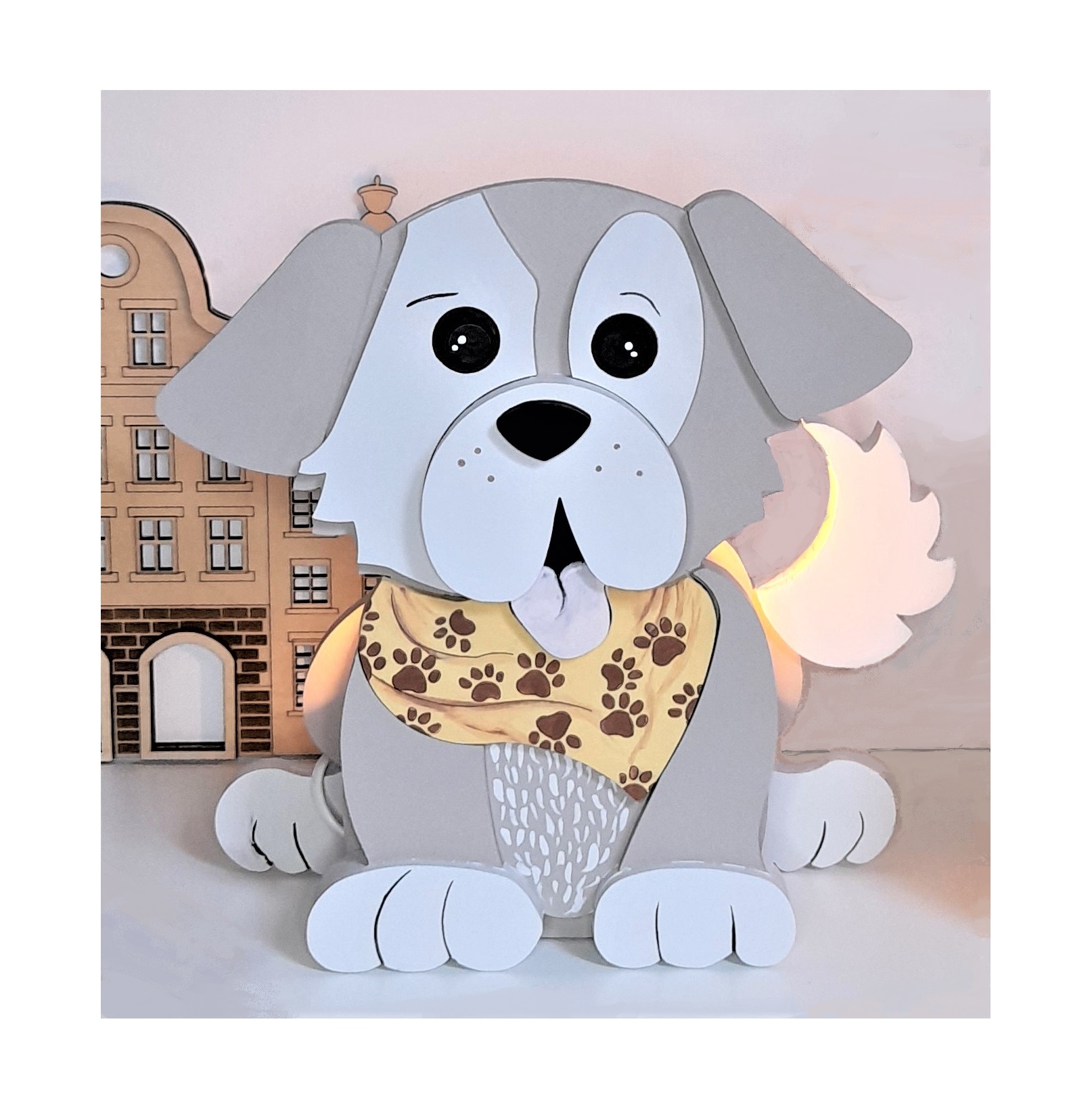 Candeeiro Cão de Madeira Controlado por SMARTPHONE Luminária infantil em forma de cachorro cinzento e branco com bandana de patas