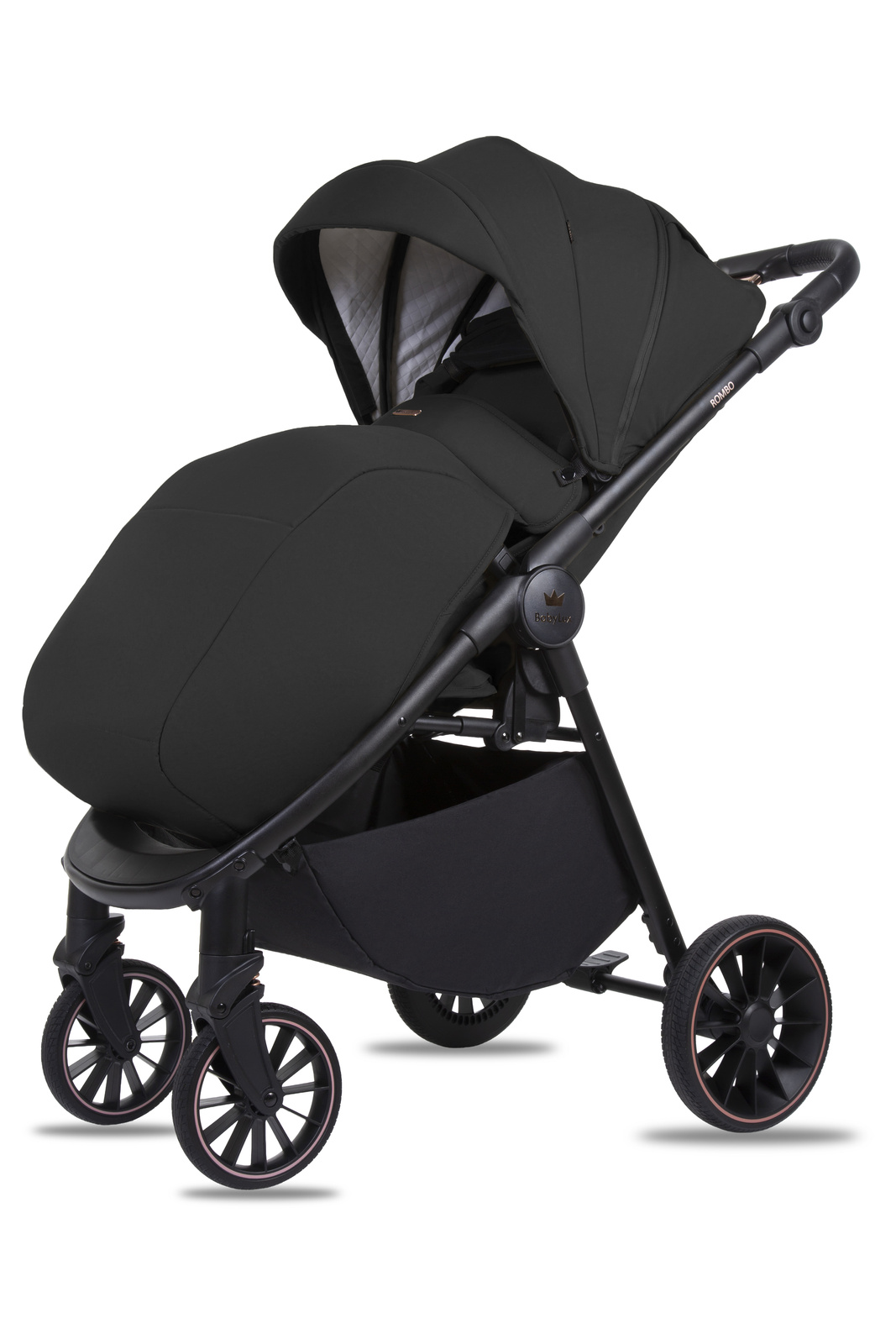 Carrinho de Bebé ROMBO Onyx Carrinho de bebé preto com tecto e cobertura acolchoada